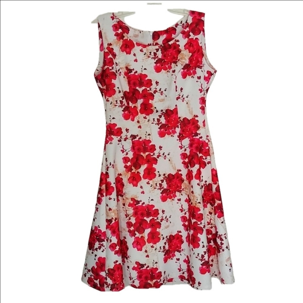 Spring & Summer Fit and Flare Dress Women L White Red Floral Sleeveless Zip Back